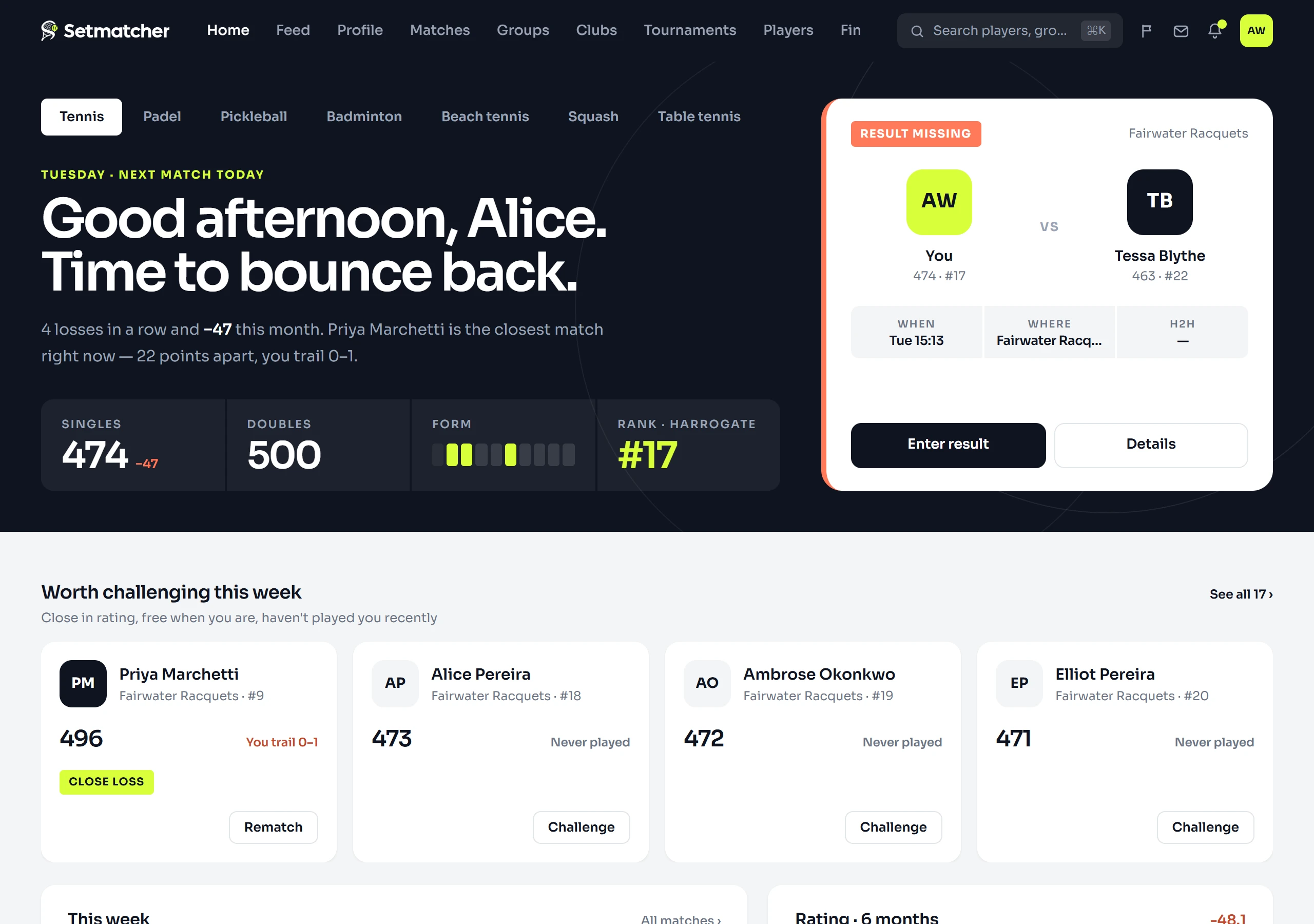 The SetMatcher home screen: a singles rating and recent form, the next match to be played, and the opponents closest in level.