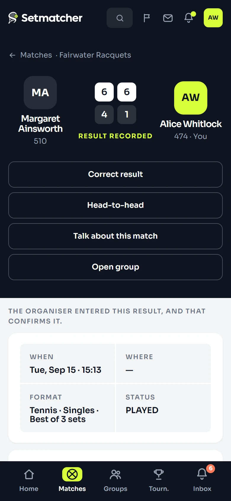 A played match on a phone: the set scores of both players, the result recorded against it, and what can still be done about it.
